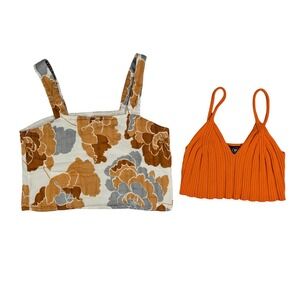 Amuse Society Cider‎ Floral Ribbed Crop Top Bundle Orange Brown Boho Retro Sz S